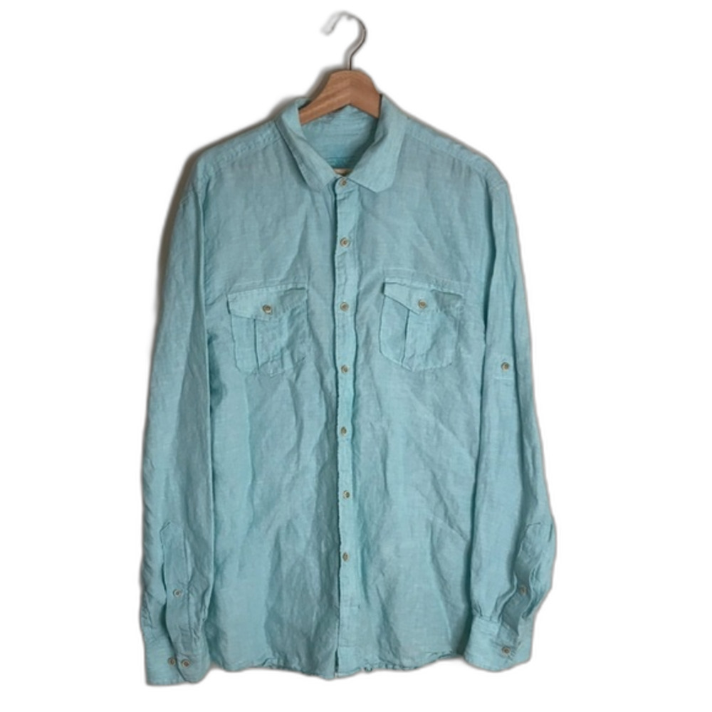 Ocean & coast mens 100% linen lightweight sea blue button down long sleeve shirt